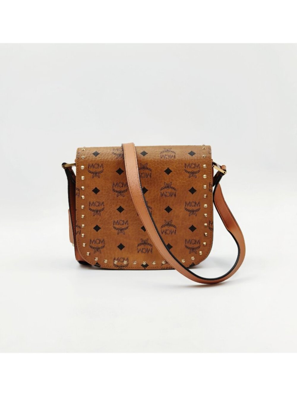 MCM Visetos Spike Crossbody Bag Cognac Brown Monogram Shoulder Bag - Picture 2 of 14